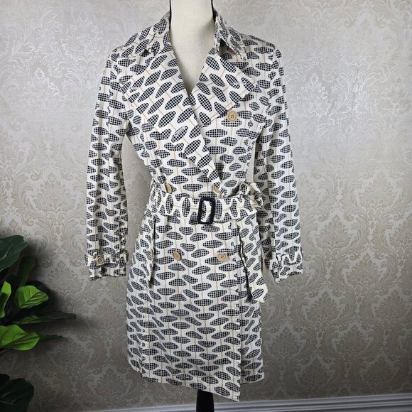 Gap Size XS Coated Cotton Trench Coat Cream Geometric Print Double Breasted Belt - Picture 8 of 16